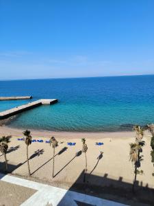 vistas a una playa con palmeras y al océano en Solo beach front studio or for couple, en Hurghada