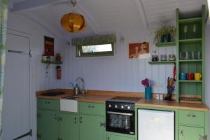 a kitchen with green cabinets and a stove at Twin Barn Shepherd’s Huts in Norwich