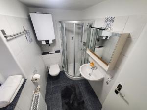 La salle de bains blanche est pourvue d'une douche et d'un lavabo. dans l'établissement Ferienwohnung Blumenstiel, à Maikammer