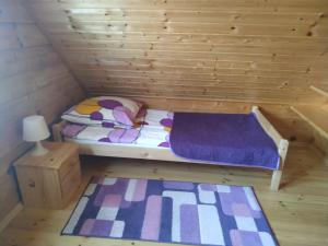 a small bed in a wooden room with a rug at Domek letniskowy OAZA in Ryn