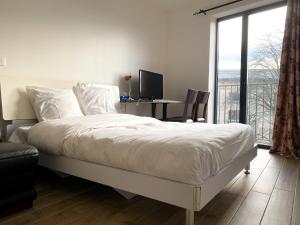 a bedroom with a bed with a desk and a window at Chambres Pasteur in Montreuil