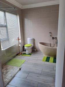 a bathroom with a tub and a toilet and green mats at Ikamva Guest House in Parys