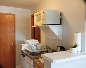 a kitchen with a microwave and a counter top at Caruso's Accommodation in Jasper