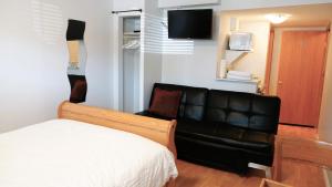賈斯珀的住宿－卡魯索酒店，一间卧室配有一张床和一张皮沙发