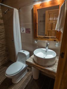 uma casa de banho com um lavatório, um WC e um espelho. em San José del Pacífico Camino al Cielo em El Pacífico