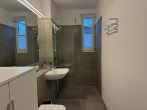 a bathroom with a sink and a toilet and a shower at Haus Am Anger in Hangelsberg