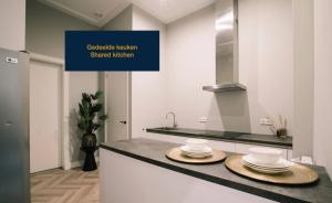 uma cozinha com dois pratos num balcão em Luxe Suite With Garden And Bath Sophie em Tilburgo