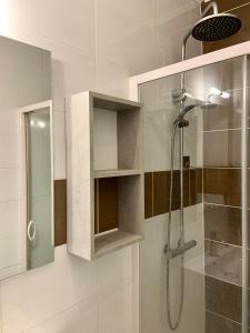 uma casa de banho com um chuveiro e uma porta de vidro em Chambre charmante entre Paris et Disney em Noisy-le-Grand