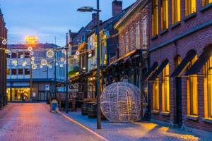 a city street with buildings and a street light at Cozy Room, Just Renovated in Tilburg