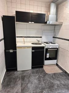 uma pequena cozinha com um fogão e um lavatório em Dubrovnik1 em Mönchengladbach
