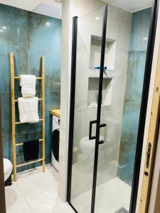 een badkamer met een douche en een toilet bij Diadora au magnifique panorama - Studio neuf de prestige vue mer in Le Diamant