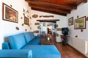 uma sala de estar com um sofá azul e uma televisão em 2 bedrooms villa with private pool terrace and wifi at Vega de San Mateo em Vega de San Mateo