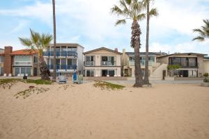 a house on the beach with palm trees at Multi Level Oceanfront Home With Oceanviews and Private Patio on the Boardwalk in Newport Beach