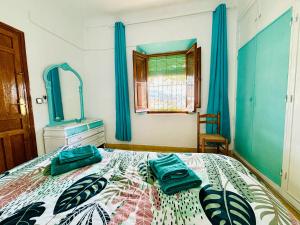 1 dormitorio con 1 cama con cortinas azules y ventana en Super casa al lado de Granada, en Alfacar