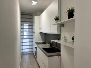 een keuken met witte kasten en een wastafel bij [Monza Centro in 10 Min]Comfort Suite XL in Monza