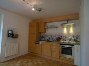 een keuken met houten kasten en een fornuis met oven bij Holiday apartment Flurgarten in Langenargen