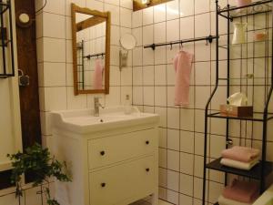 uma casa de banho com um lavatório e um espelho em Rauchkate Weibeck em Hessisch Oldendorf