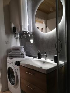 a bathroom with a sink and a washing machine at Na Skraju Lasu Bielinek in Cedynia