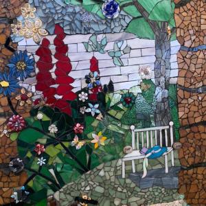 ein Gemälde eines Gartens mit einer Bank und Blumen in der Unterkunft Sana El Jardin Secreto in Santiago de los Caballeros