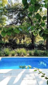 a blue swimming pool with trees in the background at Casa en Paso De La Patria in Paso de la Patria