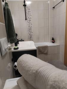 Luxury Wide View Apartment Pohorje Bellevue في هوكو بوهوجري: حمام مع حوض ومرحاض ودش