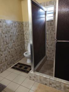 a bathroom with a shower with a toilet in it at Pryme Paradise in Carnbee Village