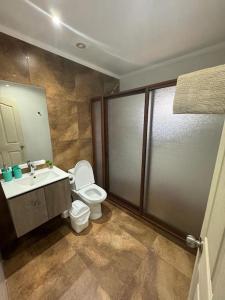 uma casa de banho com um WC, um lavatório e um chuveiro em Casa en pichilemu em Pichilemu