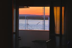 een raam met uitzicht op een vogel die over het water vliegt bij Apartamento Atardeceres in Ayamonte