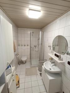 uma casa de banho com um lavatório, um chuveiro e um WC. em Ferienwohnung Dorothea em Kulmbach