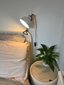 une lampe et une plante sur une table à côté d'un lit dans l'établissement Saltdean Stay, à Brighton et Hove