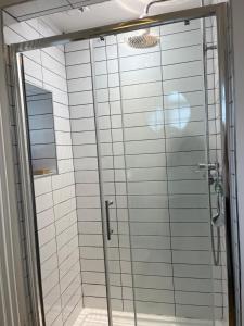La salle de bains est pourvue d'une douche avec une porte en verre. dans l'établissement Saltdean Stay, à Brighton et Hove