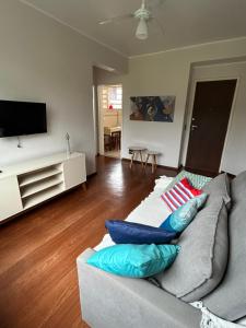 a living room with a couch with pillows on it at Apartamento Centro ao lado do Country Club in Nova Friburgo