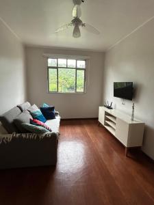 a living room with a couch and a flat screen tv at Apartamento Centro ao lado do Country Club in Nova Friburgo