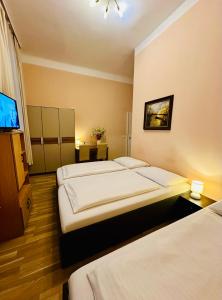 a hotel room with two beds and a flat screen tv at Pension Liechtenstein in Vienna