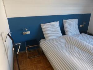 - une chambre avec un lit et un mur bleu dans l'établissement Sonnenblume, à Öhningen