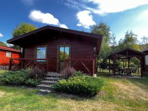 a log cabin with a picnic table in the yard at Szépasszony Guest House in Vlăhiţa