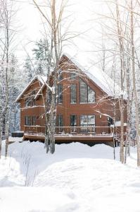 a wooden house in the snow with snow covered trees at Le Fitchbay in Beebe