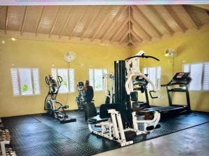 Mammee BayにあるDell's Exotic Haven, 2 bedrooms, 2 baths, pool, gymの部屋にトレッドマシンが数台あるジム