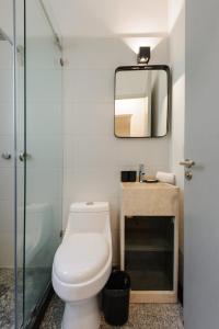 een badkamer met een toilet en een spiegel bij Lovely 3BR in Roma Norte in Mexico-Stad