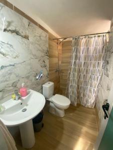 a bathroom with a sink and a toilet and a shower at Stone House in Këlcyrë