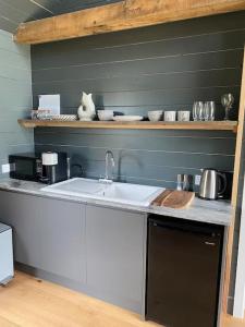 een keuken met een spoelbak en een aanrechtblad bij Little Mount, Rye in Rye