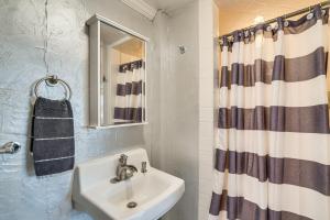 a bathroom with a sink and a shower curtain at Walk to Lake Beach Glenwood Vacation Rental! in Glenwood +23 photos