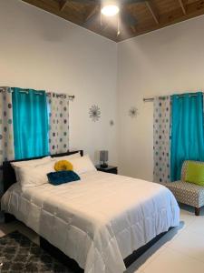 a bedroom with a bed with blue curtains and a chair at Meadows Place in Montego Bay