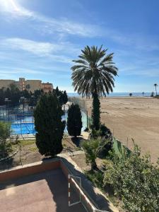 un complejo con una palmera y una playa en 6Apartment with sea views in a Resort, en Mazarrón
