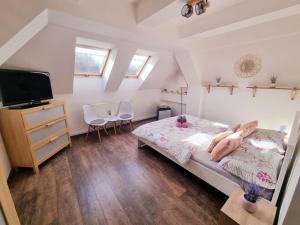 Una chica acostada en una cama en un dormitorio en Penzion ORION, en Petrovice