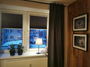 a window with a lamp sitting on a window sill at Mozaika Art Apartment PL LT EN in Suwałki