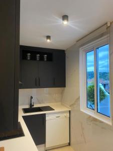 eine Küche mit schwarzen Schränken, einem Waschbecken und einem Fenster in der Unterkunft Terraza as Travesas in Betanzos