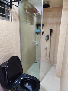 a bathroom with a toilet with a glass shower at Entire 1 BED ROOM Studio Apartment Uttara 14 in Dhaka