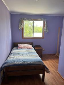 Dormitorio azul con cama y ventana en Hostal Renacer, en Santa Cruz