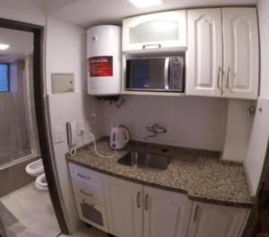 uma pequena cozinha com um lavatório e um micro-ondas em Alquileres Temporarios Darío em Maipú